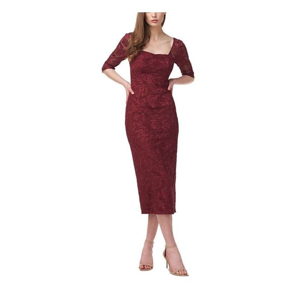 JS Collections Sz 12 Maroon Mesh Lined 3/4 Sleeve Midi Cocktail Sheath Dress $22 - Picture 7 of 8